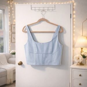🏷️ Linen Blend Tank Top – Baby Blue Cropped Summer Top Size S (6)